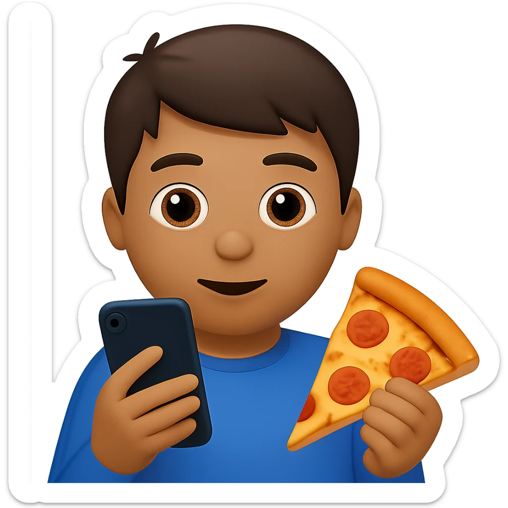 Change the food to pizza, keep the boy watching videos on his phone, emoji style, with no background. The style should resemble apple style emojis. sticker