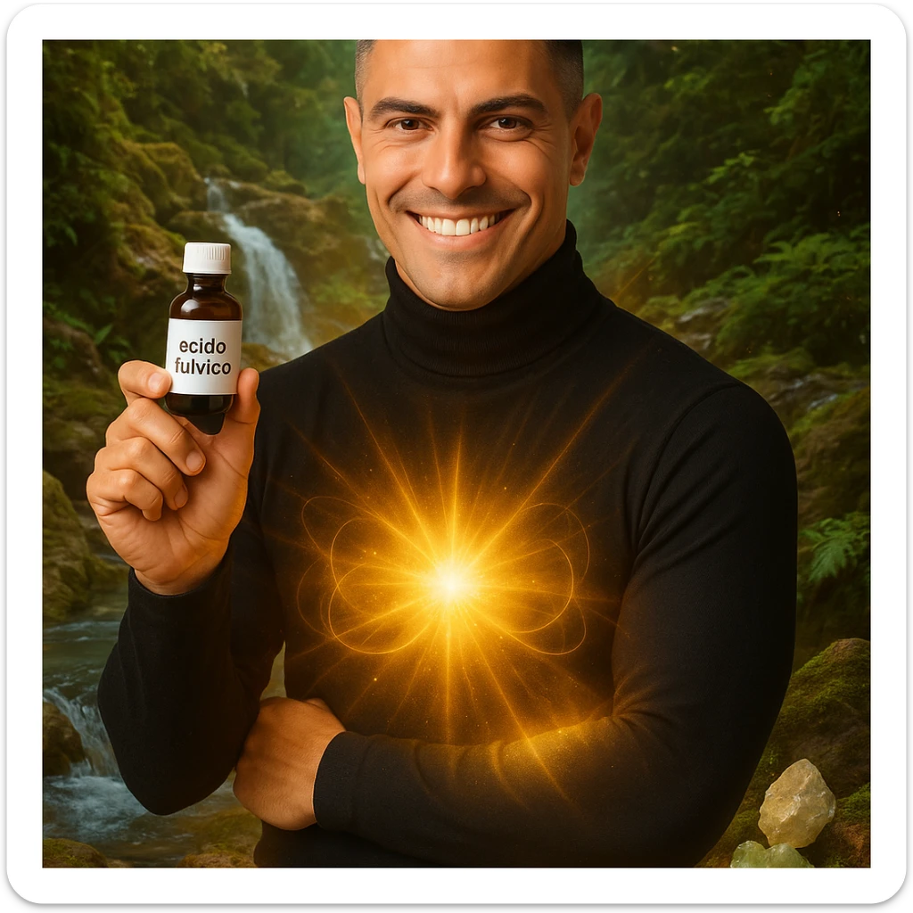 Uomo con il viso del riferimento, tiene una boccetta 'acido fulvico', energia luminosa su addome, ambiente naturale, elementi di purificazione come acqua e minerali, atmosfera benessere, testo in italiano. sticker