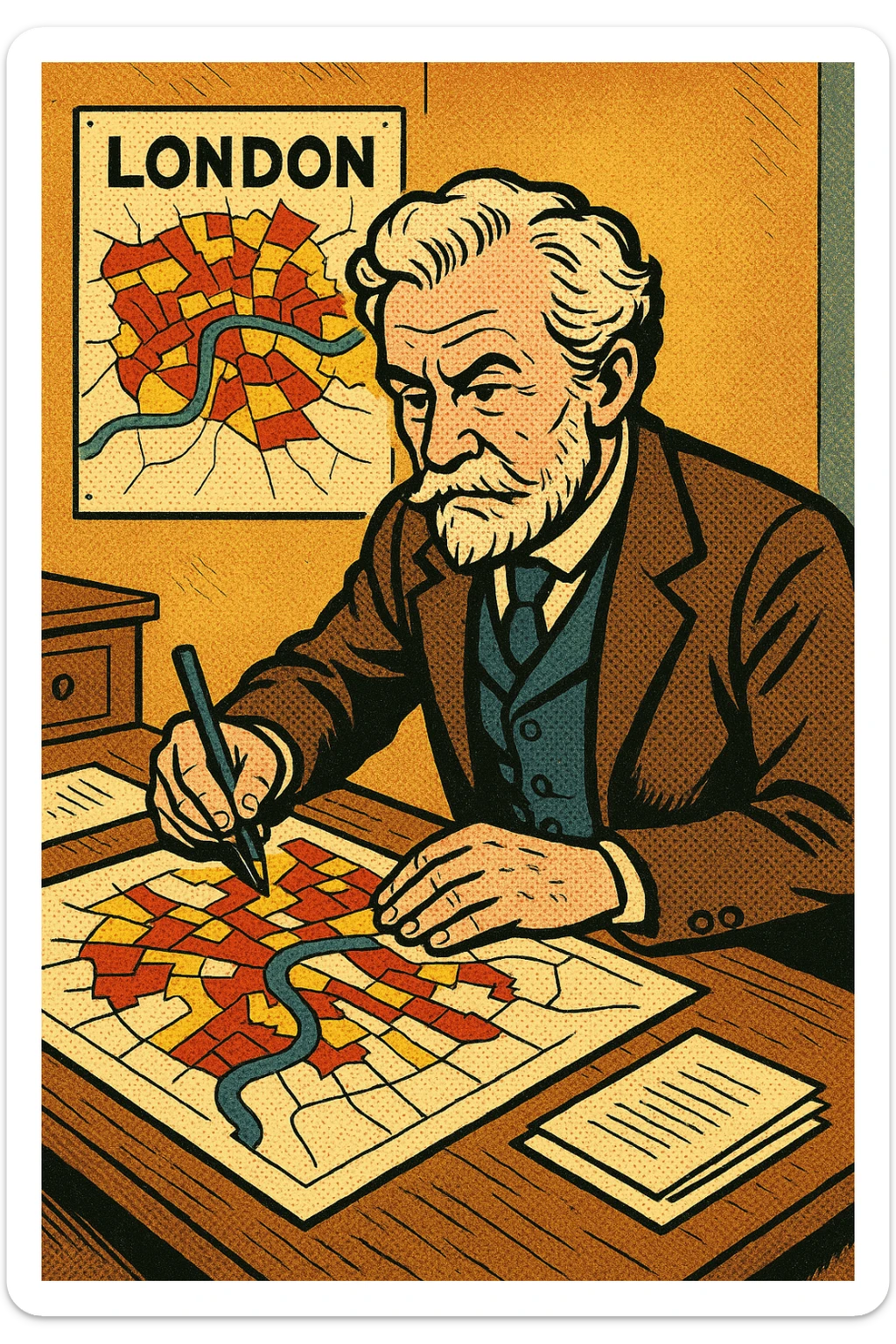 Charles Booth sitting at his desk creating a map of poverty in London sticker