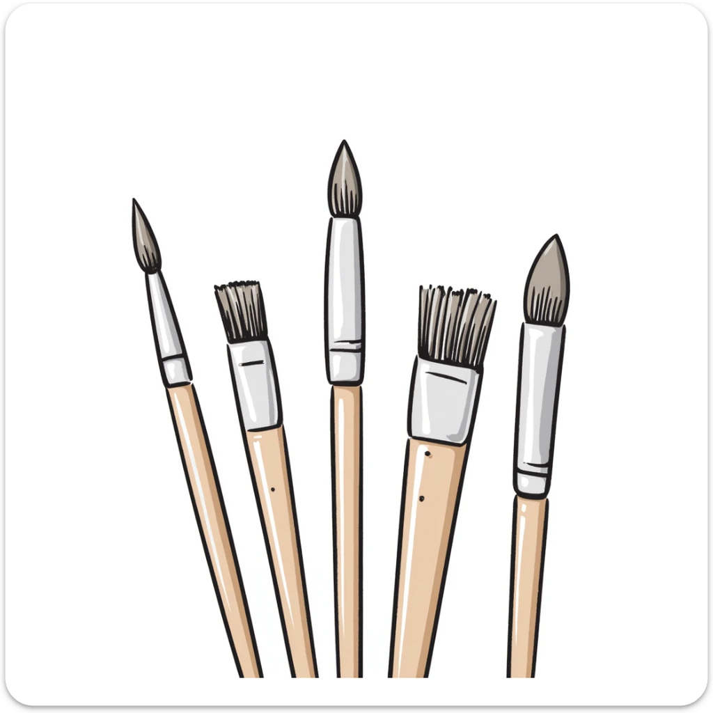 A set of artist paintbrushes in different sizes and shapes with wooden handles in pastel colors (dd9fb0, ffc6d3, a3bfc9, c4bee2, f1b091), hand-drawn doodle style sticker