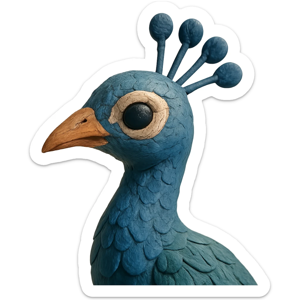 close-up of a peacock's head and neck, soft lighting, detailed feathers, claymation style sticker