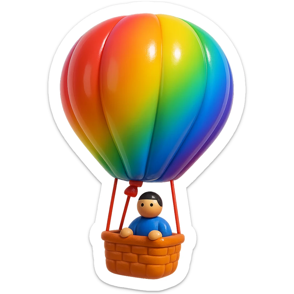 hot air balloon with a basket and a person riding in it, simple and colorful sticker