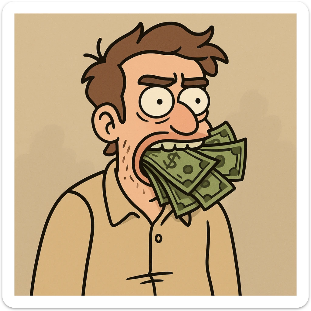 cartoon style illustration of a man with money stuffed in his mouth sticker