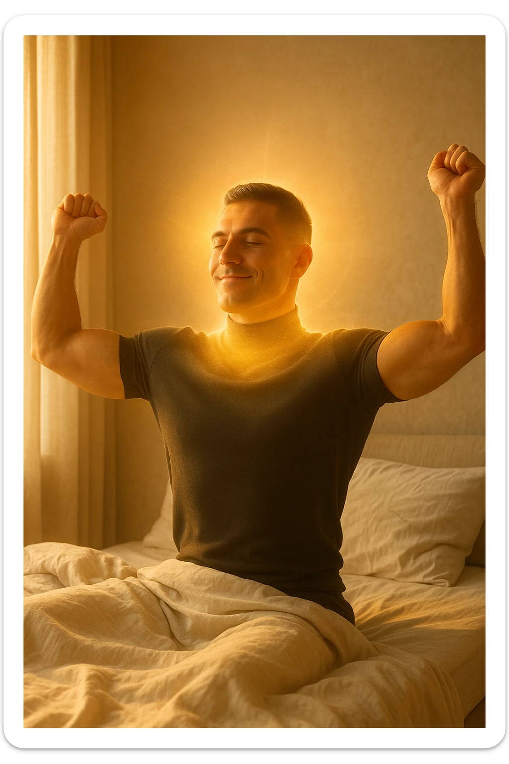 A cinematic photo of a man stretching in bed just after waking up, the morning sunlight flooding the room. His skin glows slightly, expression rested and serene. Muscles subtly defined, energy flowing through his posture. The air is filled with a golden calm. A symbolic glow surrounds his head and chest, representing mental clarity and physical recovery. The scene is clean, natural, minimalist. Rich in textures and realistic warmth. sticker