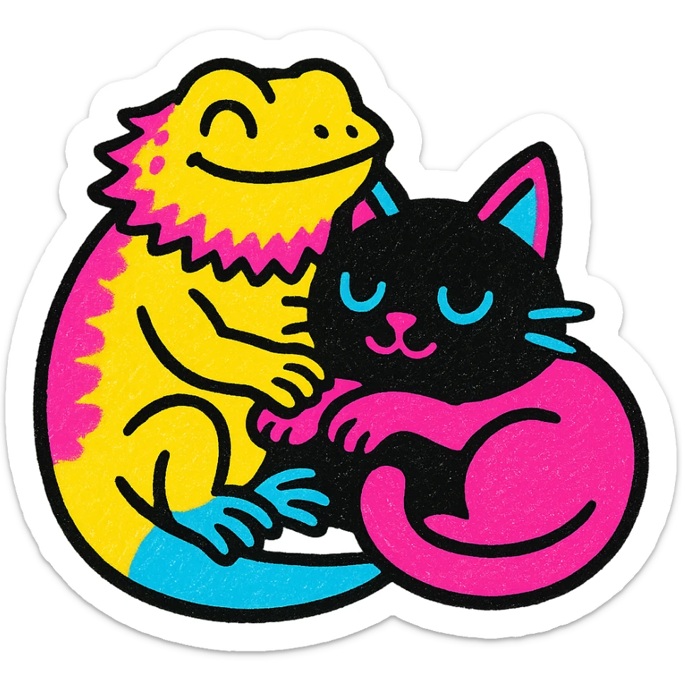 a bearded dragon and a black cat cuddling, playful, vibrant colors, pop colors style sticker
