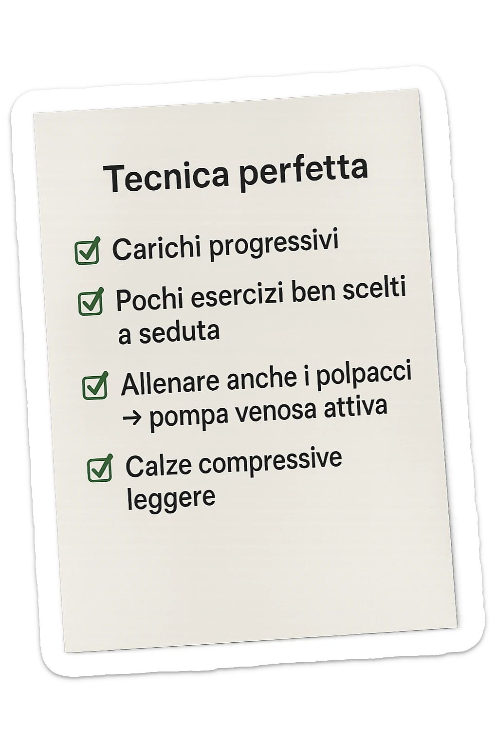 FOGLIO DI CARTA PER L'ALLENAMENTO IN PALESTRA CON LA SCRITTA "Tecnica perfetta
 ✅ Carichi progressivi
 ✅ Pochi esercizi ben scelti a seduta
 ✅ Allenare anche i polpacci → pompa venosa attiva
 ✅ Calze compressive leggere" , IPERREALISTICA 4K sticker
