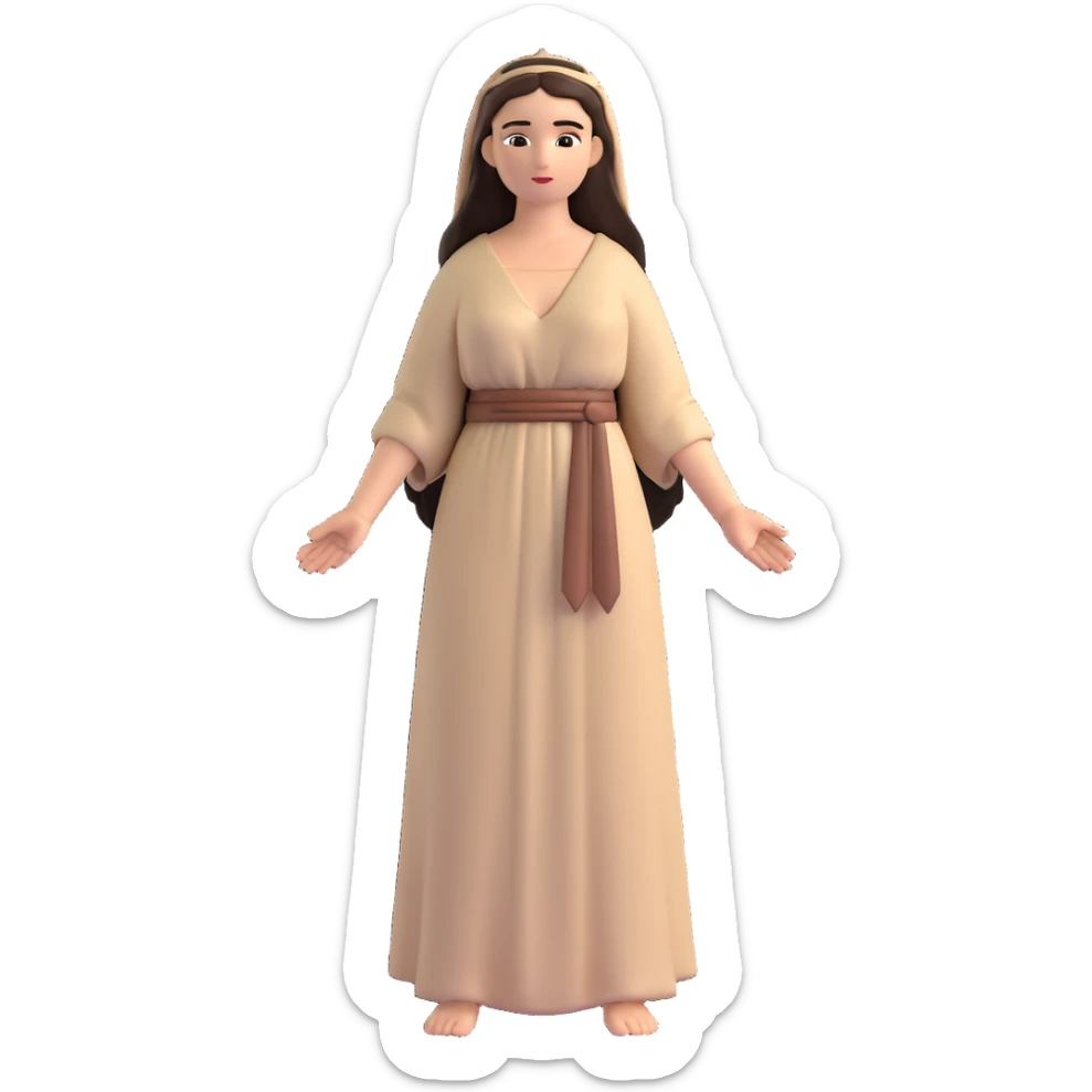 fullbody Mary Magdalene, fit and buxom body, very pretty detailed face, normal height, plain light tan ancient dress, arms down with hands by hips, dark hair sticker