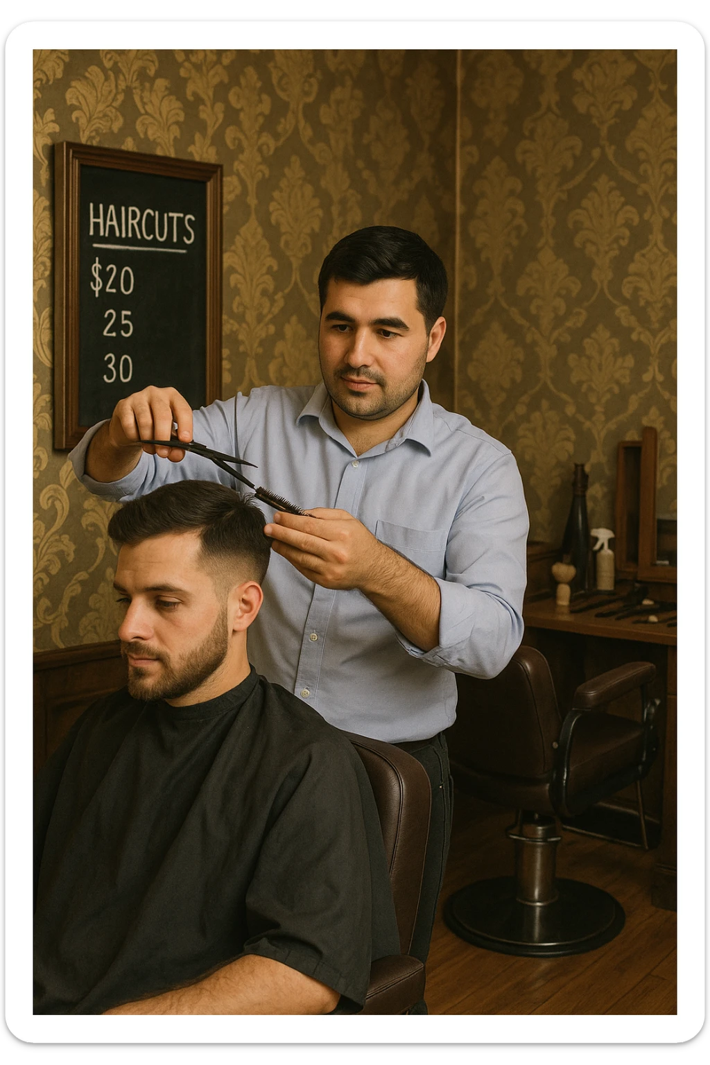 Draw me a picture of a barbershop that looks like this guy working in a barbershop. The barbershop doesn't have to be very modern. It should be on a medium floor. Also draw a blackboard on the wall. It should have the prices for haircuts there. sticker