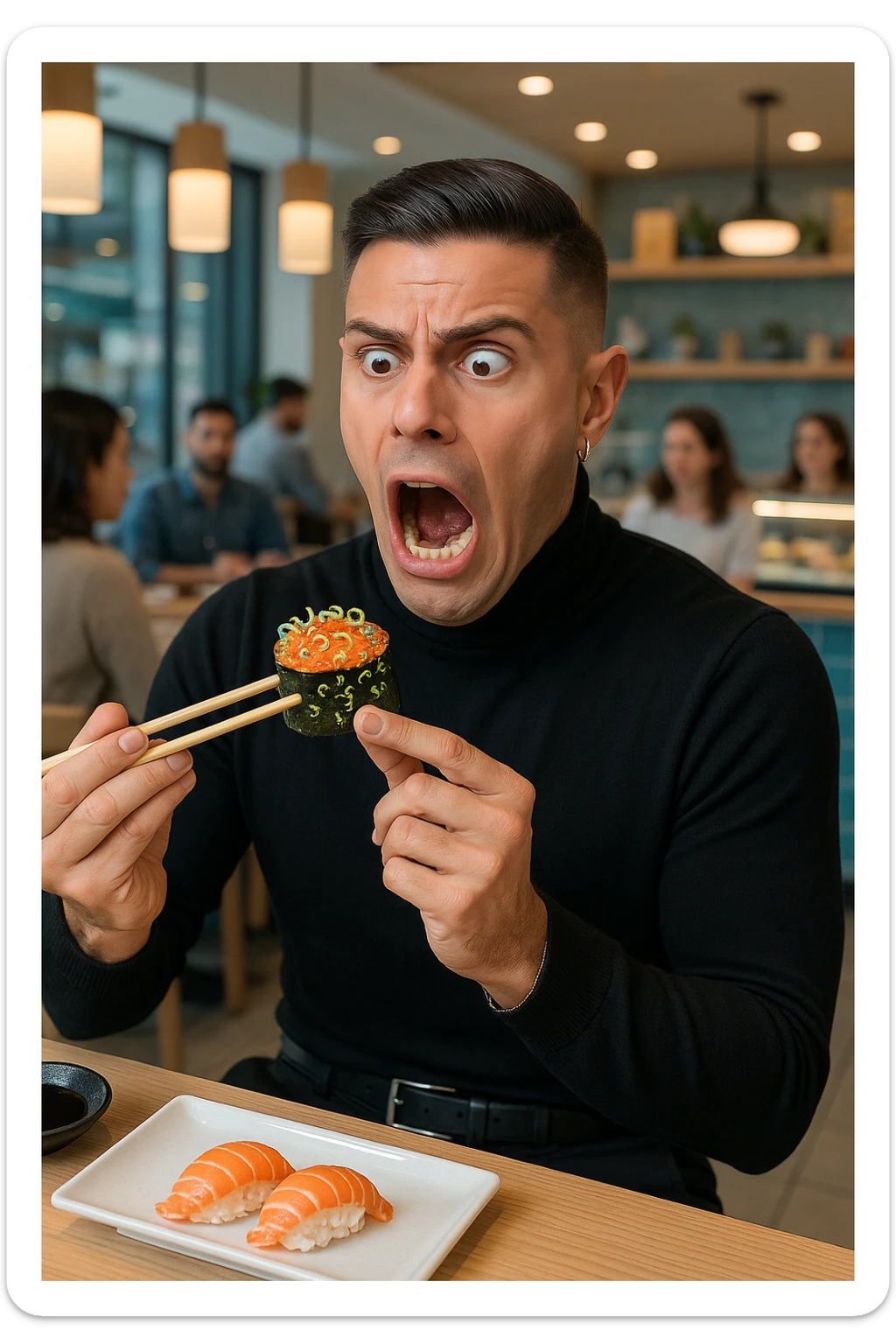 a man in casual clothes is about to eat a salmon gunkan at a sushi restaurant. As he brings it closer, he spots tiny parasites and bacteria wriggling on the fish. His face contorts in a dramatic expression of shock and alarm, with his hand frozen mid-air. The setting is a modern sushi bar, with other diners in the background unaware of the situation. sticker