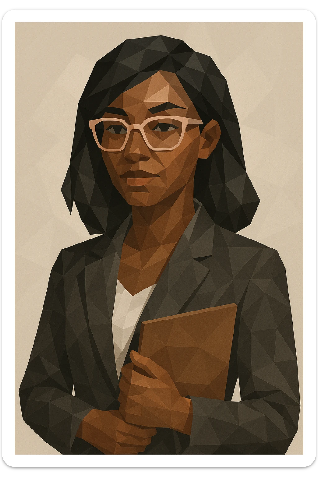 brown-skinned working woman with black hair and light pink eyeglass frames, professional attire, neutral background, modern illustration style sticker