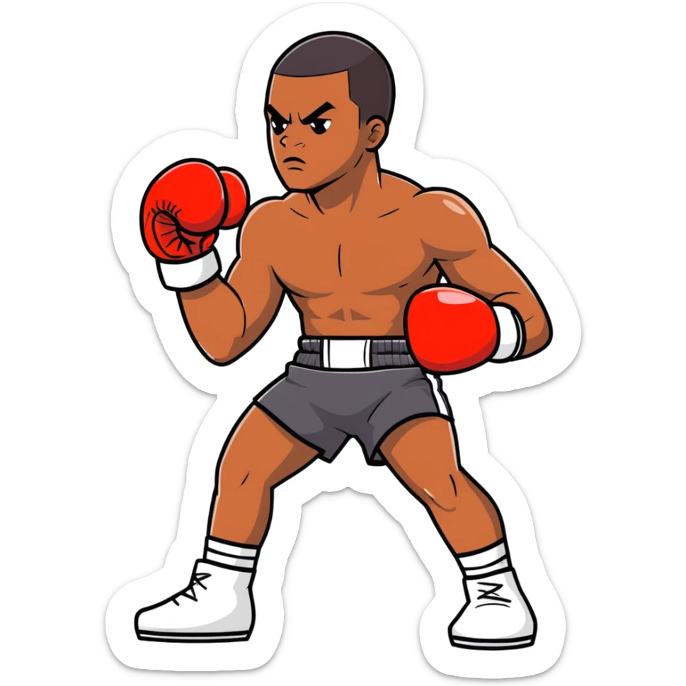 Full body view of a young 19-year-old lightweight Black male boxer in fighting stance, lean athletic physique, boxing gloves raised sticker