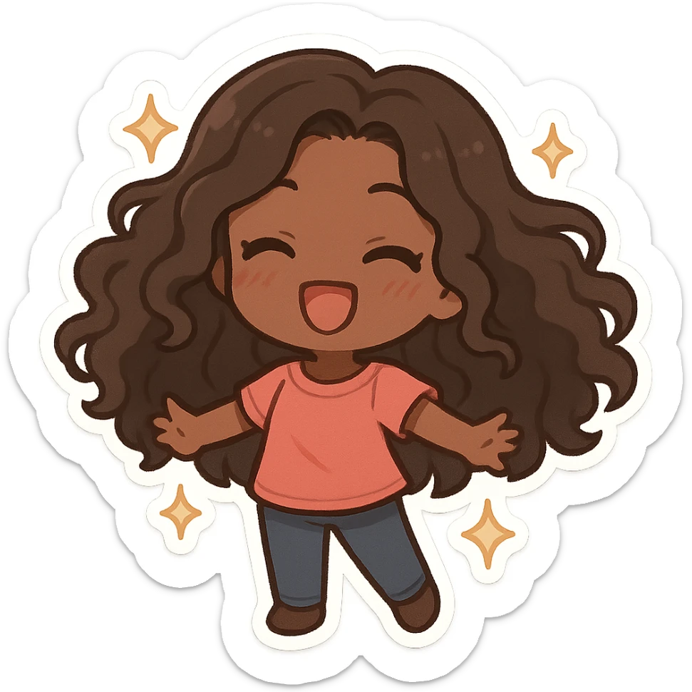 chibi anime style, Black girl with long curly hair, hair waving, smiling, sparkles around, white background sticker