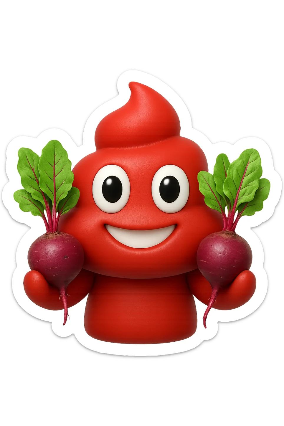 emoji stile iphone 3d di una cacca rossa con barbabietole in mano, iperrealistiche 4k sticker