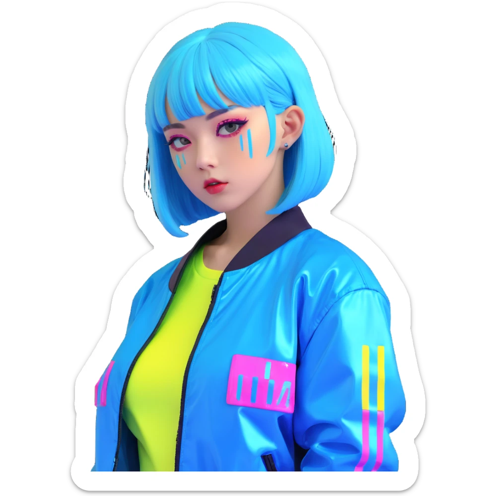 Cyberpunk Japanese girl with neon blue wig, holographic jacket, digital glitches effect, dark background with purple neon glow sticker