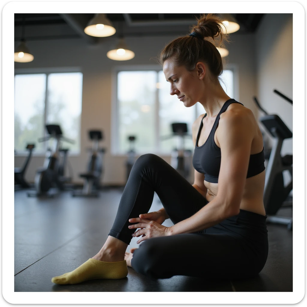 realistic 4K woman in gym wearing orthotic insole, starting workout enthusiastically, then sitting and touching foot with tired expression sticker