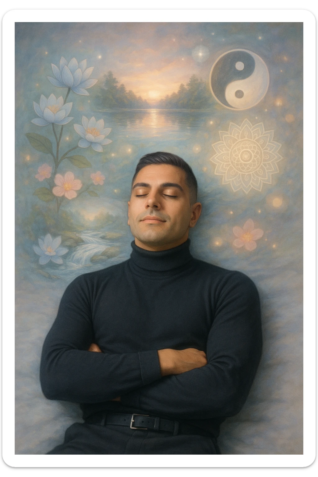 Un uomo sdraiato su un letto o una superficie fluttuante, con un'espressione serena e gli occhi chiusi. Attorno a lui, proiettate dalla sua mente, si materializzano immagini vivide di benessere e armonia: sticker