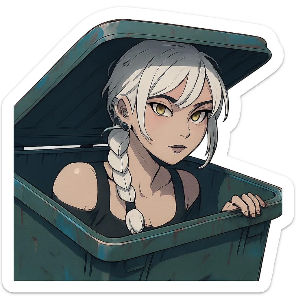she is poking out from a garbage dumpster, a closeup portrait of young woman with gold yellow eyes, white hair, long braid, black off-shoulder top d-cup, punk gothic style, futuristic cyberwave cyberpunk, sticker