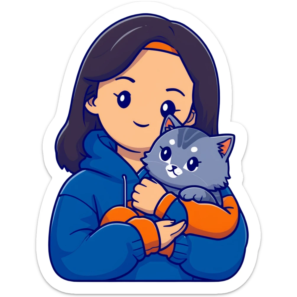 Brunette girl with dark blue sweatshirt snuggling a fluffy grey Siberian cat sticker