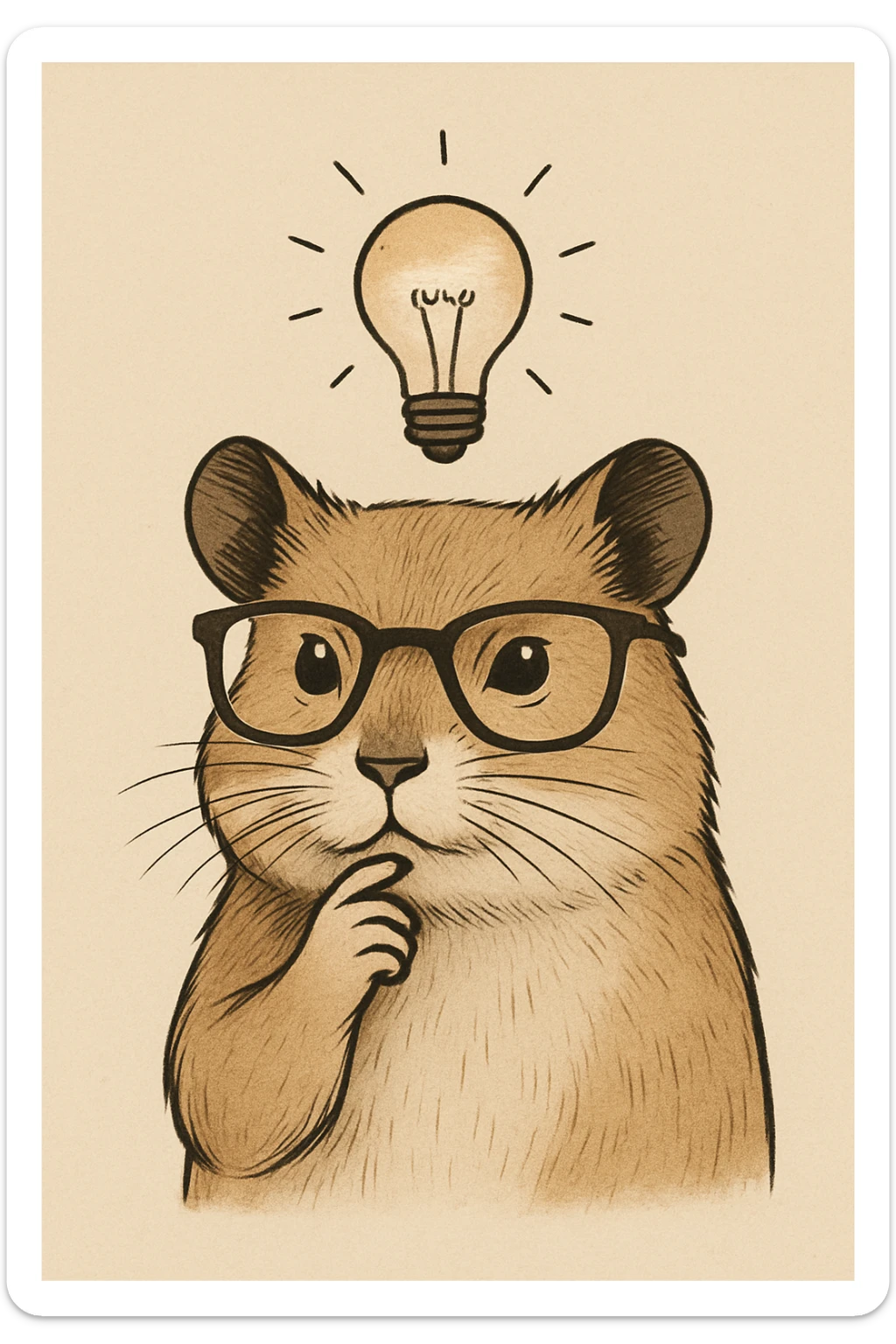 a stylized illustration of a hamster with a paw on its chin, trendy glasses, and a bright idea lightbulb, not kiddish, mature and contemporary style sticker