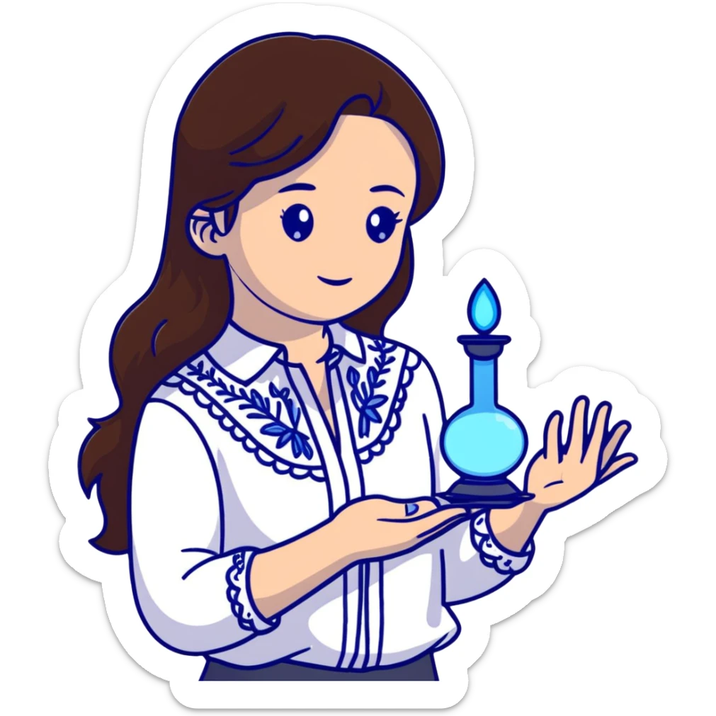 Ukrainian young girl with long brown hair in a white traditional embroidered shirt, cupping a small glowing blue light in her hands representing her soul sticker