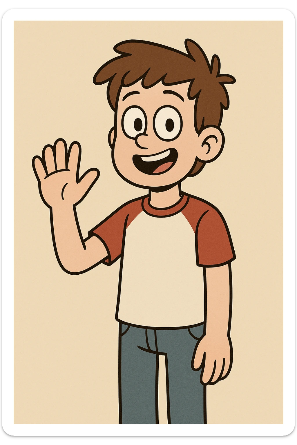 A boy brown hair black eyes red white shirt blue jeans a hand hello  sticker