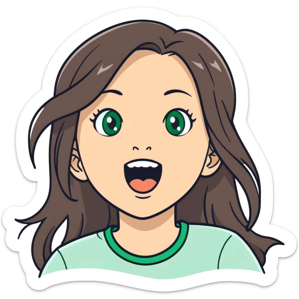 white girl, long brunette hair, green eyes screams screams with delight joy on her face sticker