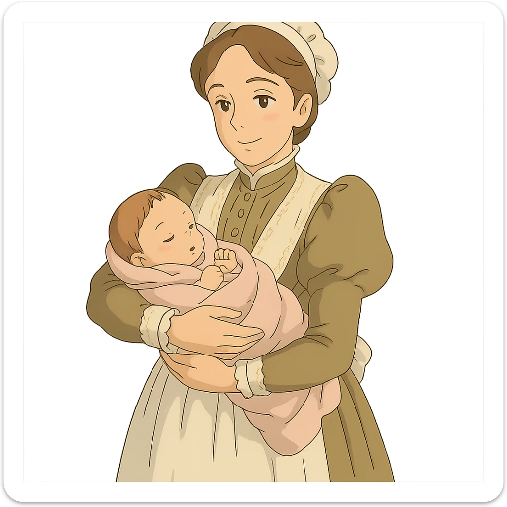 victorian midwife with background holding a baby sticker
