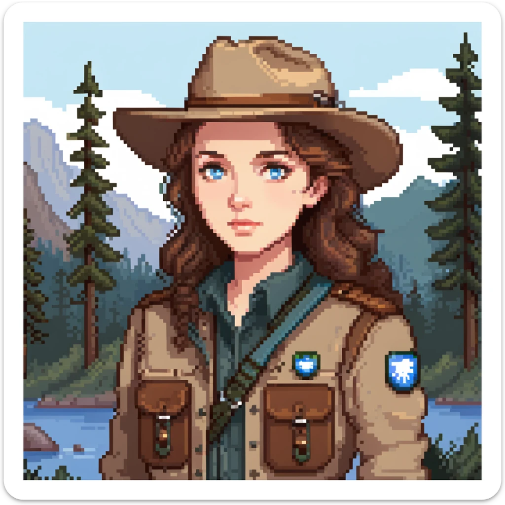 white woman park ranger with brown hair and blue eyes in a nature background sticker