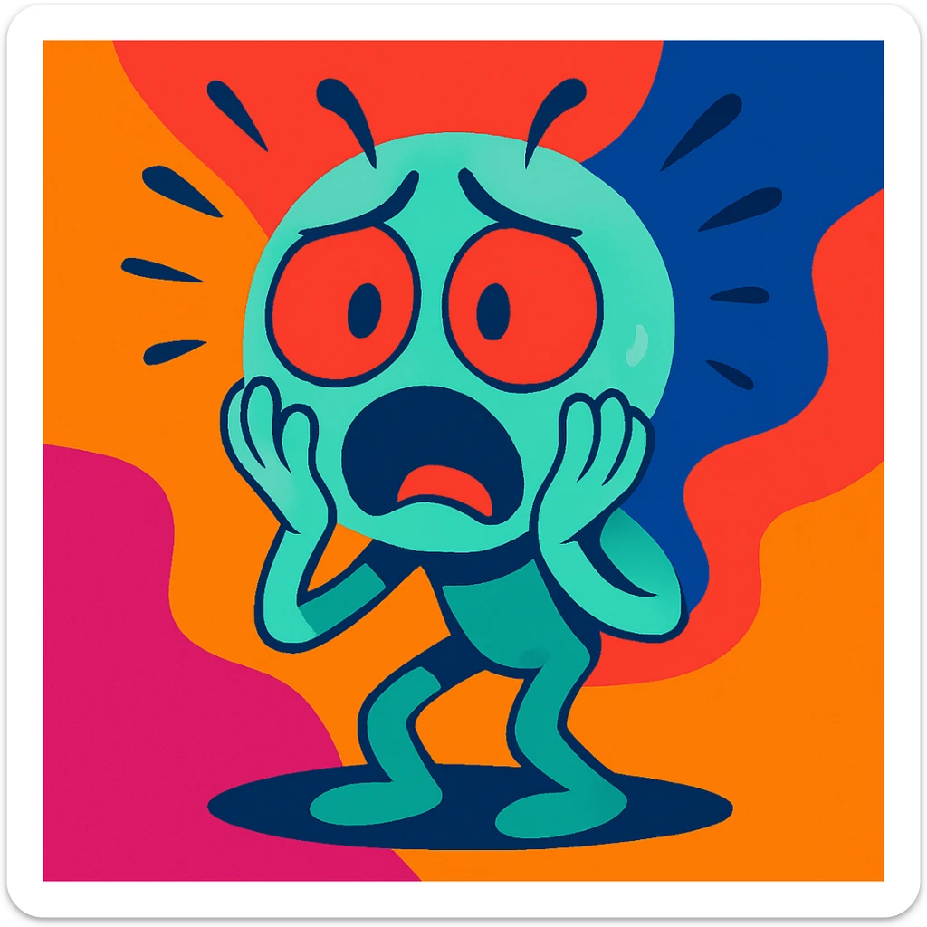 cute cartoon alien showing fear, vibrant toon style, colorful, expressive, scared sticker