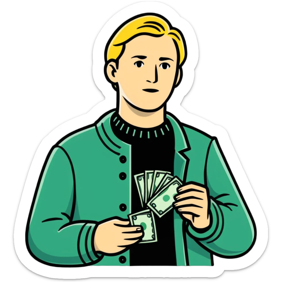 Nikolai Astrup, Norwegian politician, holding a pack of money in his hand sticker