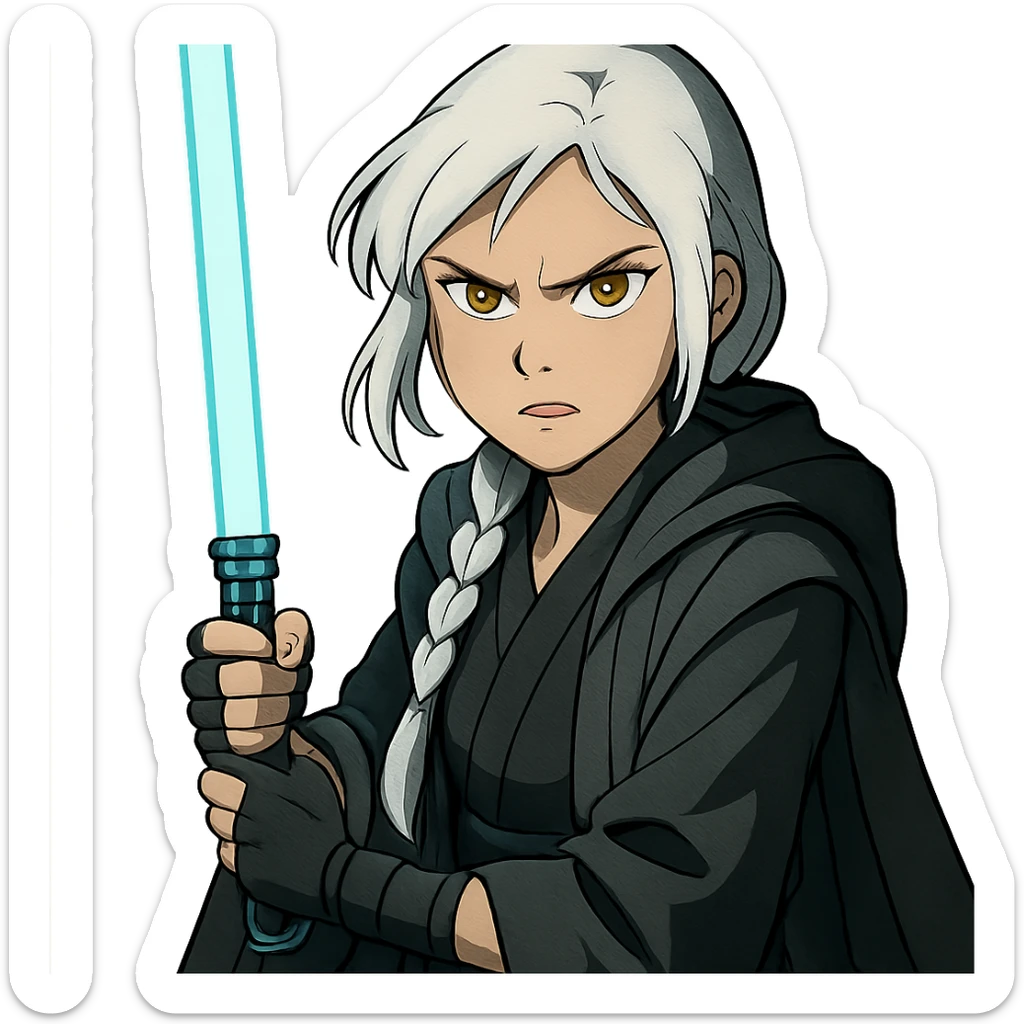  a closeup portrait of young woman with gold yellow eyes, white hair, long braid, black off-shoulder top, punk gothic style, futuristic cyberwave cyberpunk,  jedi attire and posture robes of a padawan, foreweilding a bright blue-green lightsaber, angry fierce face expression, power stance, 30-90 sticker