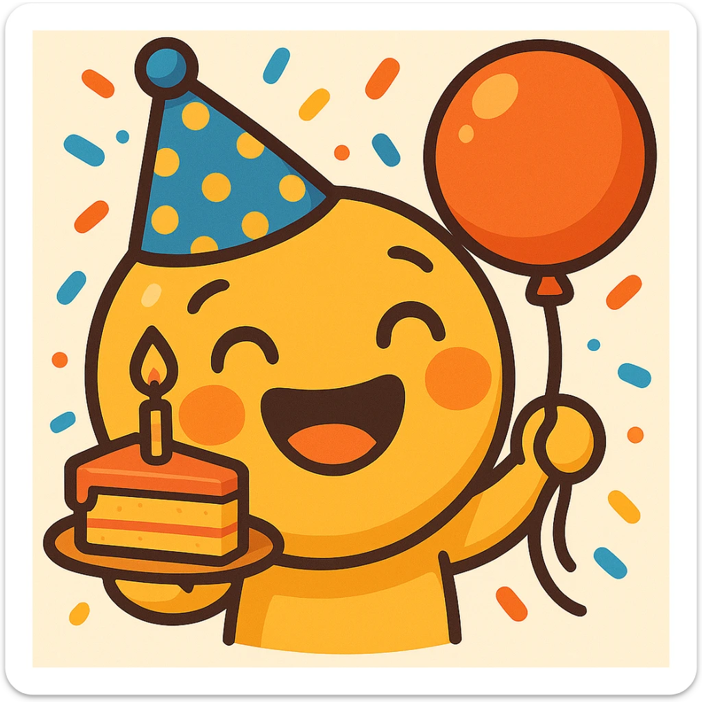 Change the party hat to blue with yellow polka dots, keep the rest of the emoji the same, bright cartoon style with confetti background. sticker