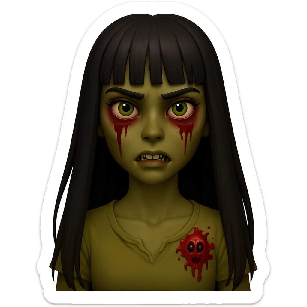 Make the zombie girl have longer hair and greenish brown skin, keep black hair with bangs, no background. The style should resemble the original image's look. sticker
