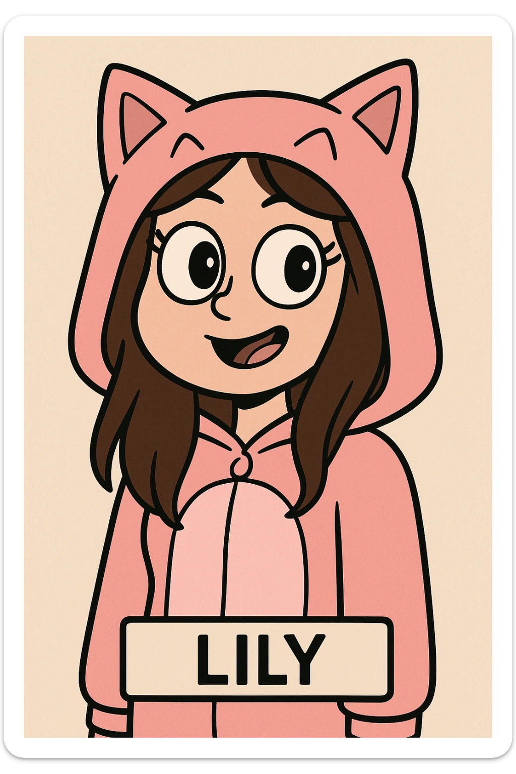 cartoon face of Lily inspired by the reference image, pink cat onesie hood, big brown eyes, long brown hair sticker