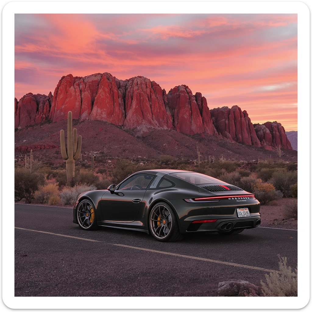 A modern desert mountain, wallpaper, modern, porsche 911, sunset, arizona desert sticker