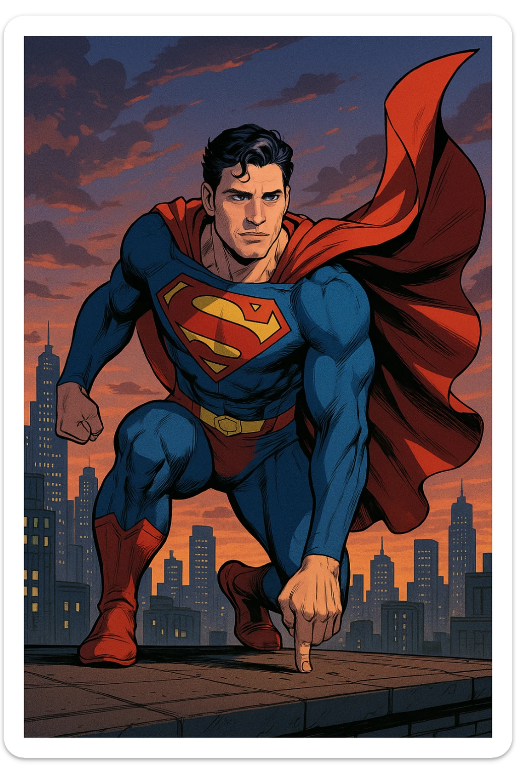 David Corenswet as Superman, landing pose, fist to ground, cape billowing, city skyline background, modern comic book style sticker