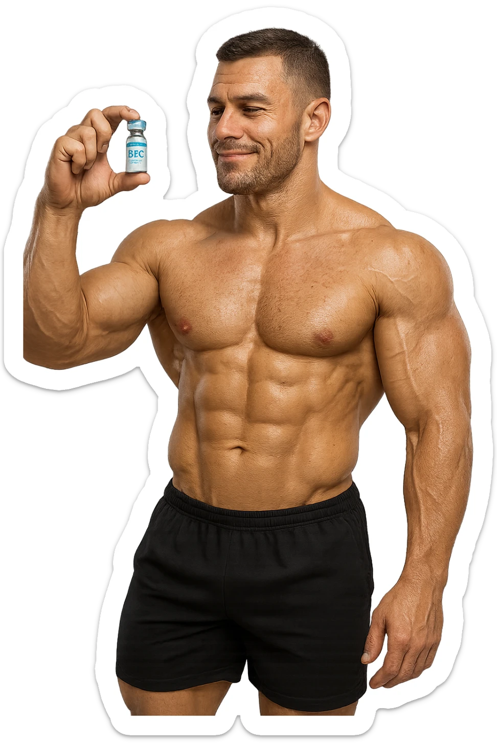 BODYBUILDER A FIGURA INTERA CHE TIENE IN MANO UNA FIALA MEDICA CON la scritta "BPC 157" SULL'ETICHETTA E LA GUARDA SODDISFATTO, iperrealistico 4k sticker