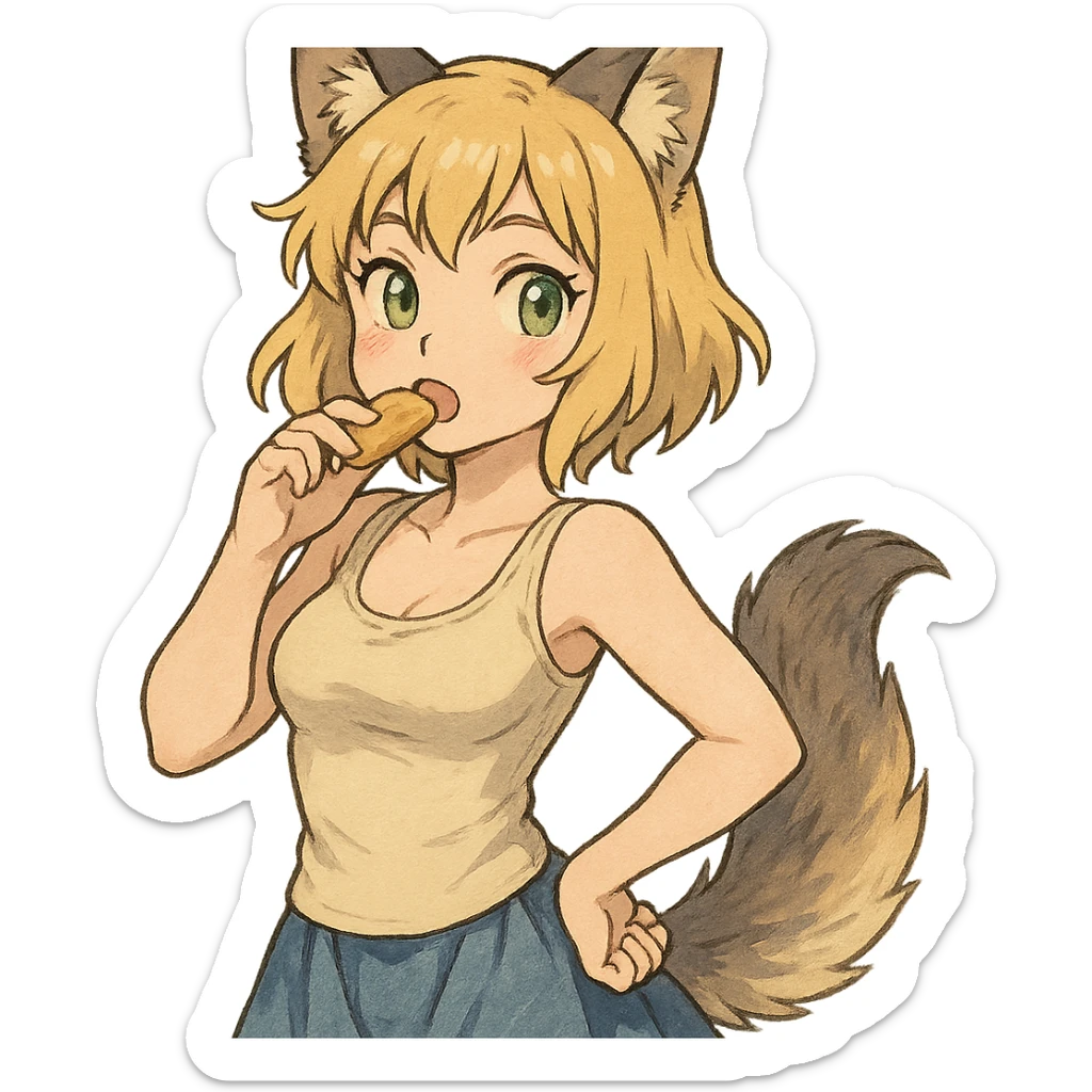 anime style furry girl with wolf ears and tail, short blonde hair, green eyes, hourglass body, eating a snack, cute pose, ghibli style sticker