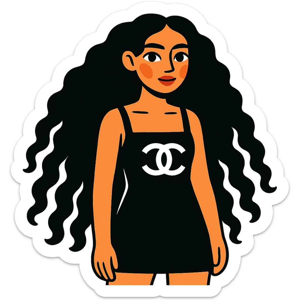 light skin girl with very long black curly hair, brown eyes, black Chanel dress sticker
