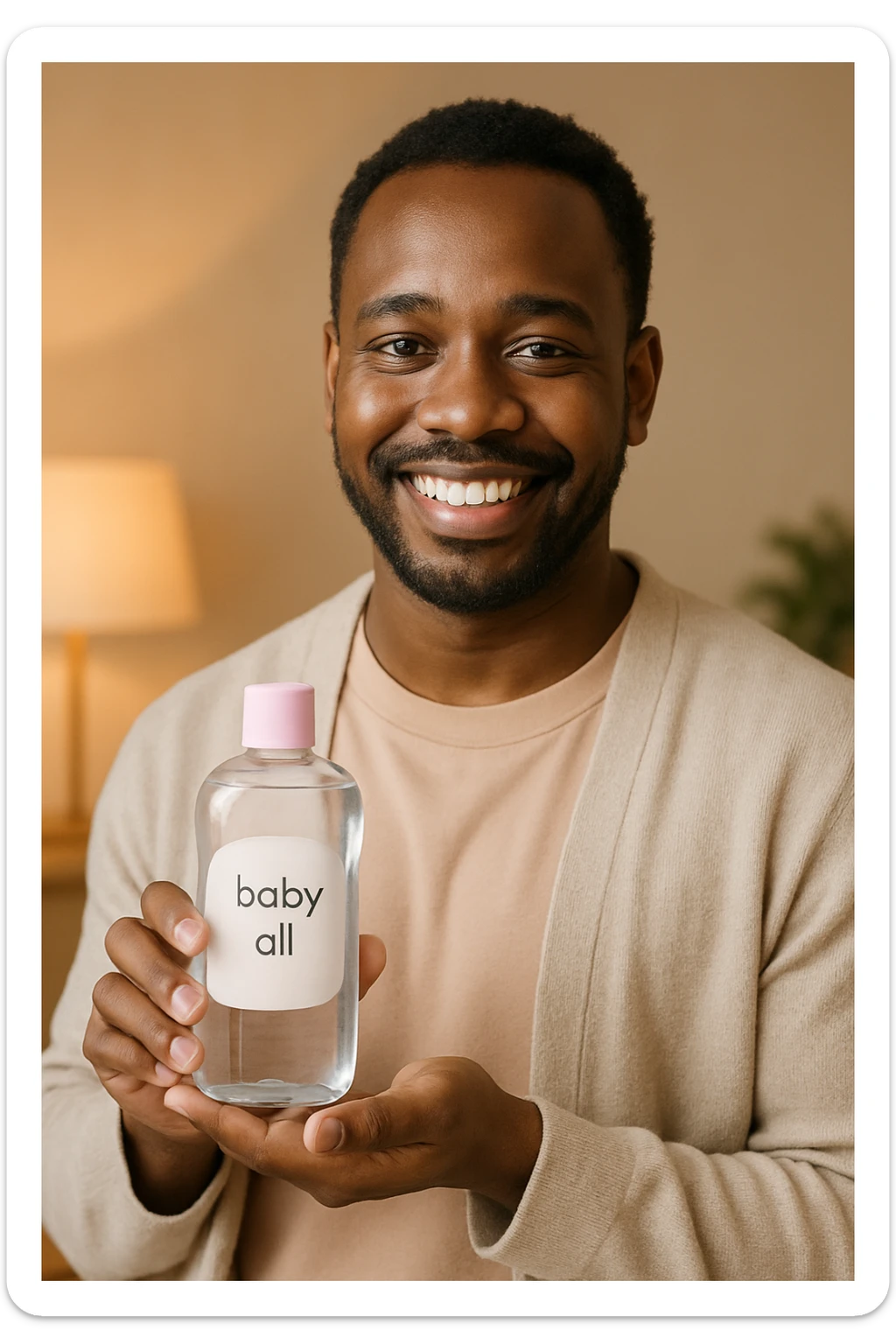 A Black man presenting baby oil, casual clothing, soft colors, inviting atmosphere sticker