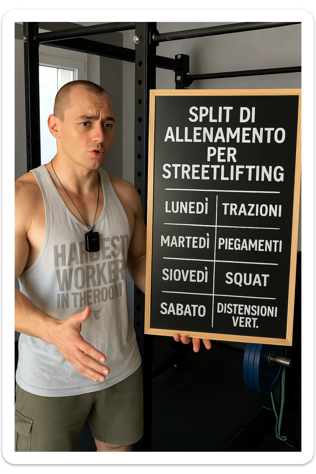 uomo che spiega alla lavagna la "Split di Allenamento" per lo streetlifting. tutto in italiano sticker