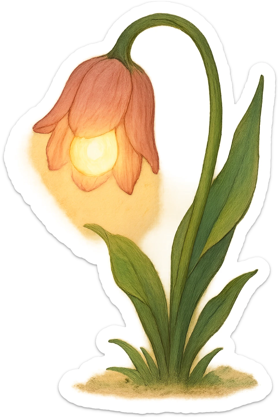 a lamp made out of a tulip flower, the bulb in the flower, drooping over, natural colors, soft, fairy-like atmosphere, no background sticker