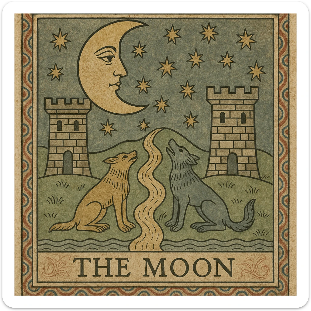 Enhance The Moon tarot card in traditional Marseille tarot style with more vintage details including ornate borders, subtle aging effects, faded colors, and intricate hand-drawn embellishments for a more antique look, maintaining the classic Marseille tarot aesthetic. sticker