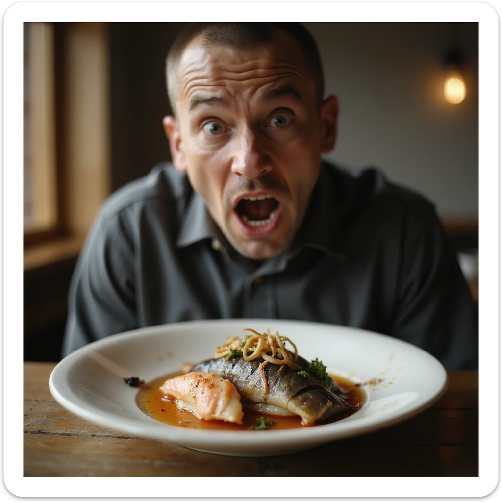 hyperrealistic style of a man horrified looking at his plate of sushi and raw fish noticing parasites among the food, Japanese restaurant environment, 4K details sticker