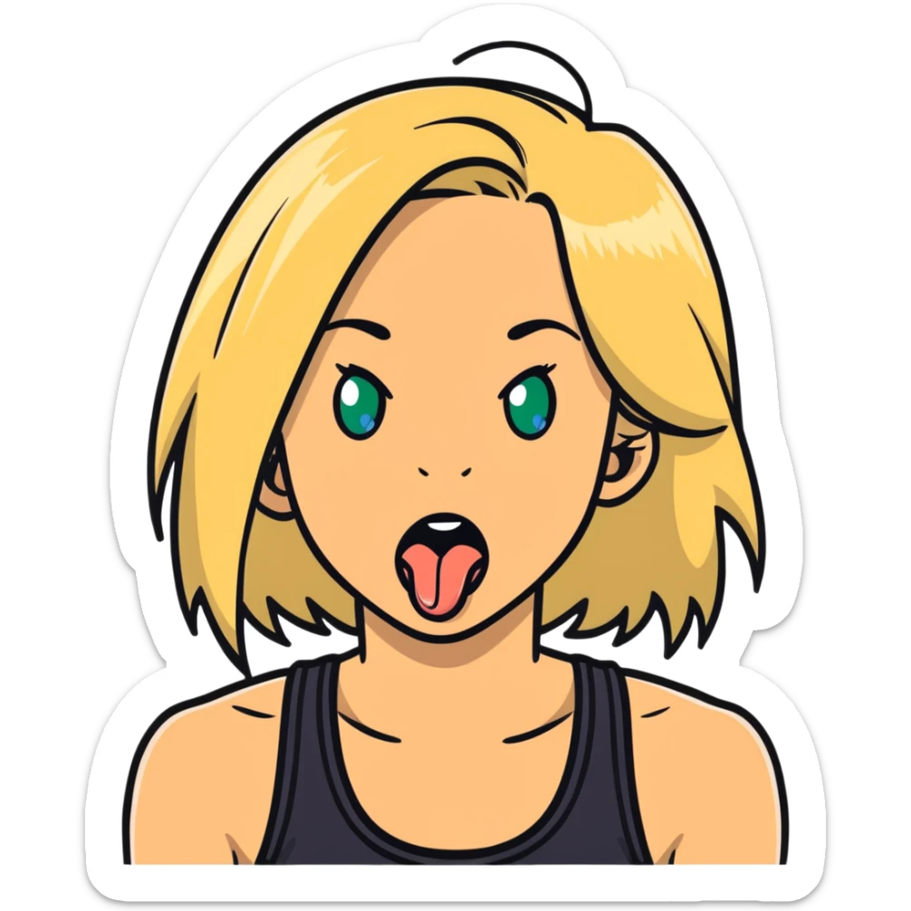dirty blonde girl with blueish green eyes, black tank top, sticking tongue out and drooling sticker
