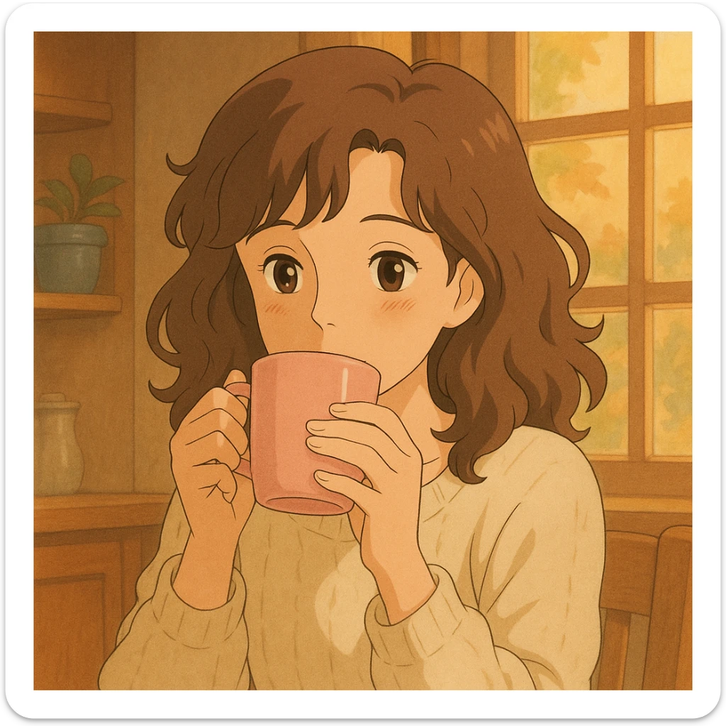light-skinned woman with wavy brown hair, drinking coffee from a pink cup, ghibli style sticker