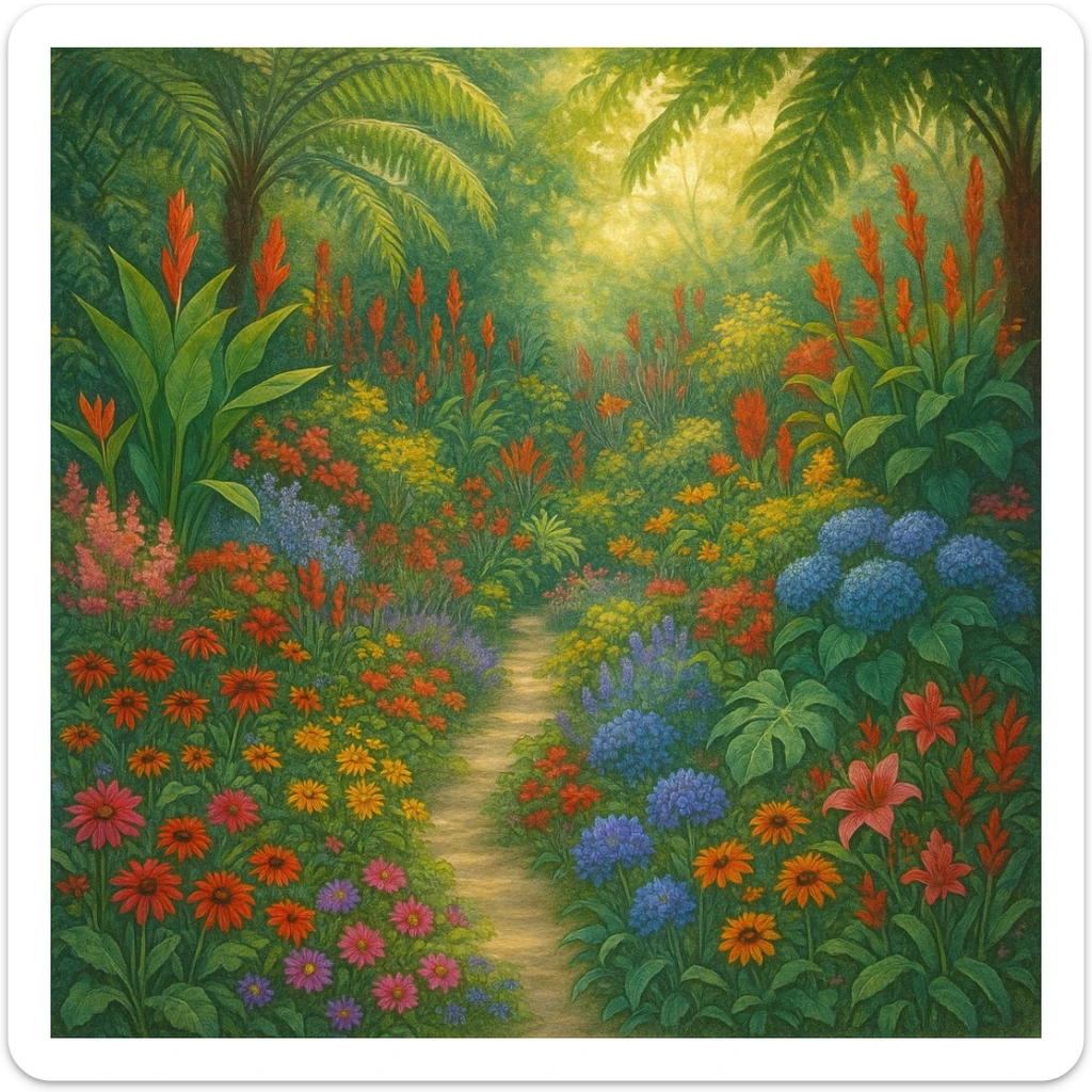A lush botanical garden with diverse plants and flowers, vibrant and detailed, inviting atmosphere sticker