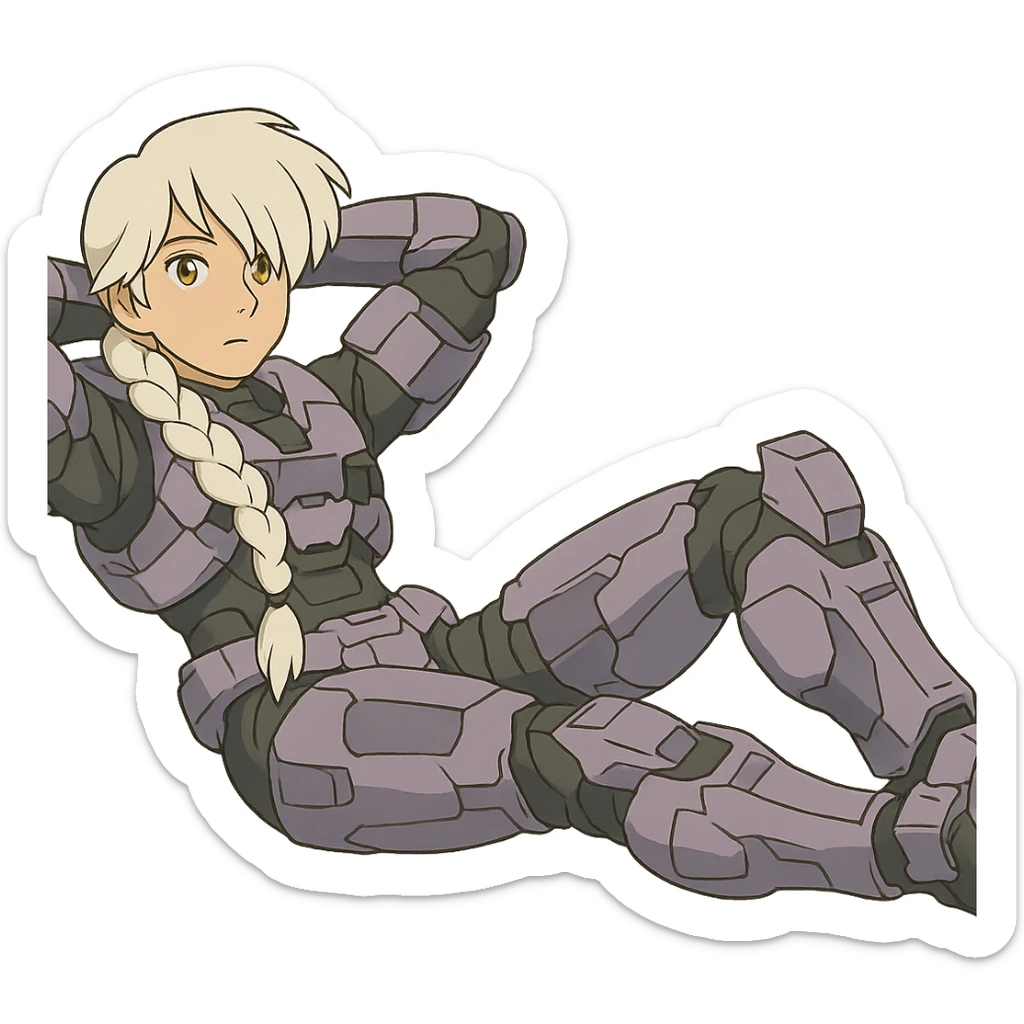 female, wearing reach spartan armor shoulder-unequip, long white braid hair with massive messy front side single bangs, gold yellow eyes, attention pose, HALO:series, no helmet, the armor is lavender color scheme, laying back and relaxing flat on the ground sticker