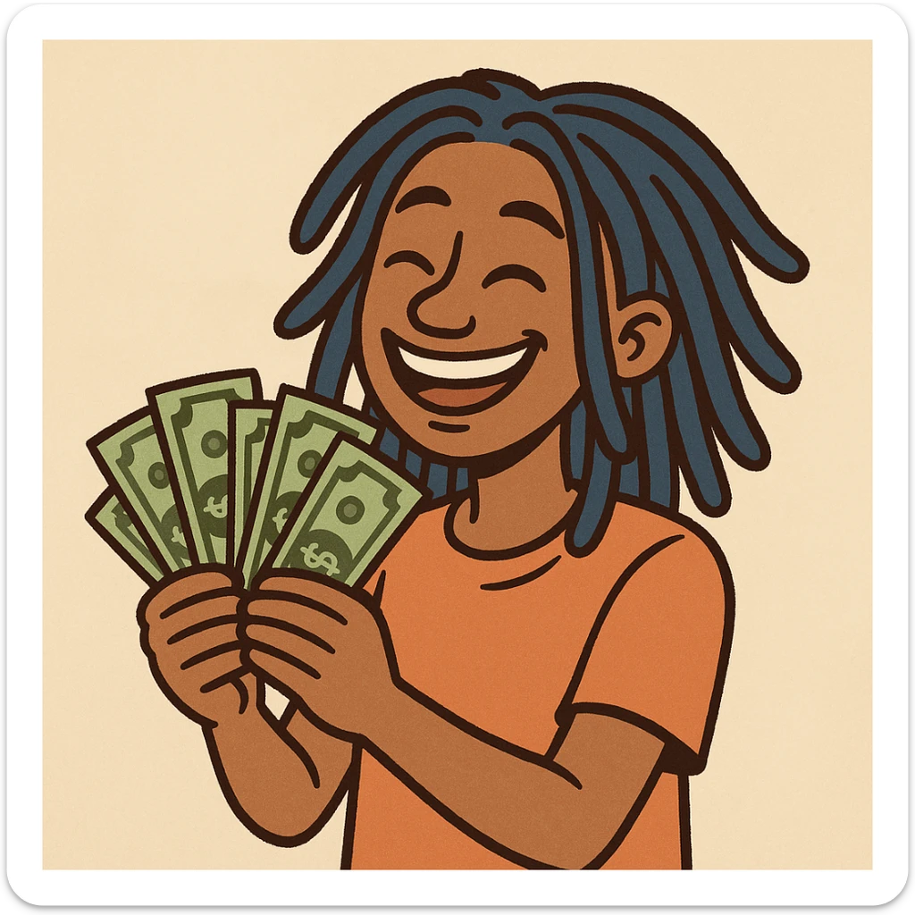 a smiling person with blue dreads, fanning out dollar bills, playful style sticker