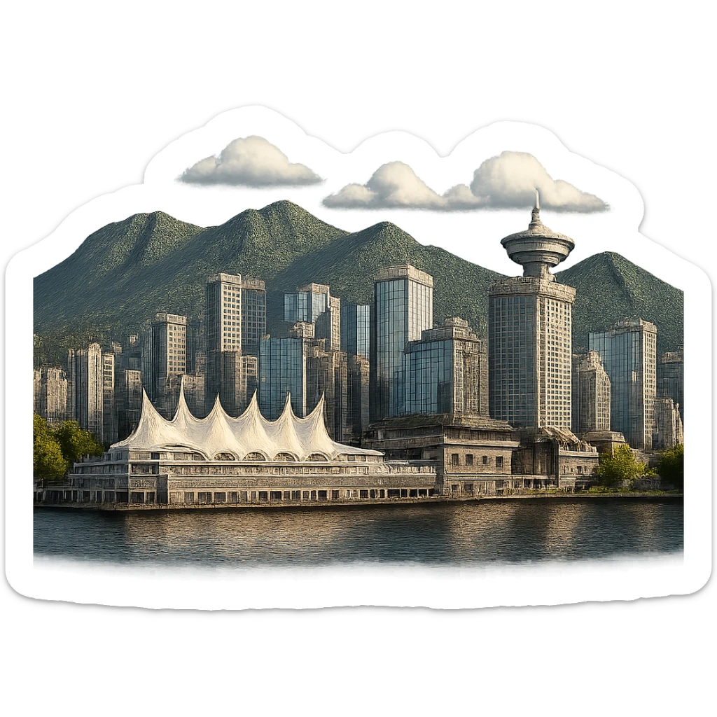 cinematic, realistic emoji of Vancouver skyline with iconic landmarks such as Canada Place, the Vancouver Lookout, and mountains in the background, lifelike detail, accurate colors, bright lighting, wide city view, fully transparent background sticker